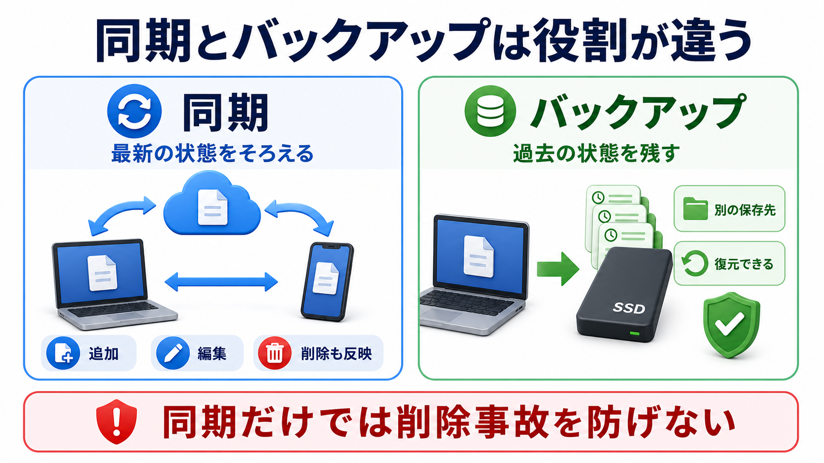 同期は最新の状態をそろえて削除も反映される一方、バックアップは過去の状態を別に残すという役割の違いを示した図