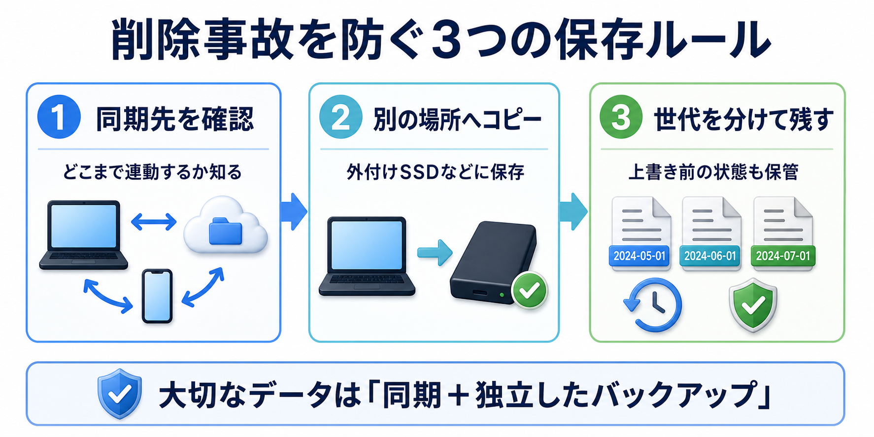 同期先の確認、別の場所へのコピー、世代を分けた保存という、削除事故を防ぐ3つの保存ルールを示した図
