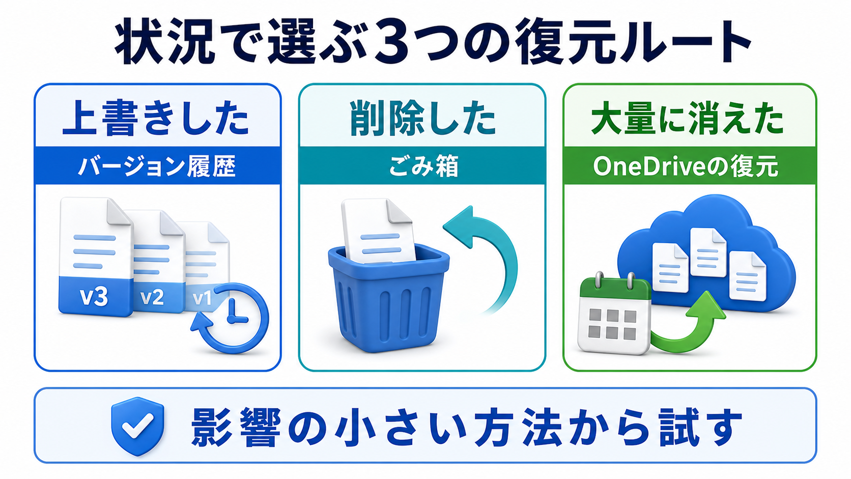 バージョン履歴・ごみ箱・OneDriveの復元という3つの復元ルートの使い分けを示した図