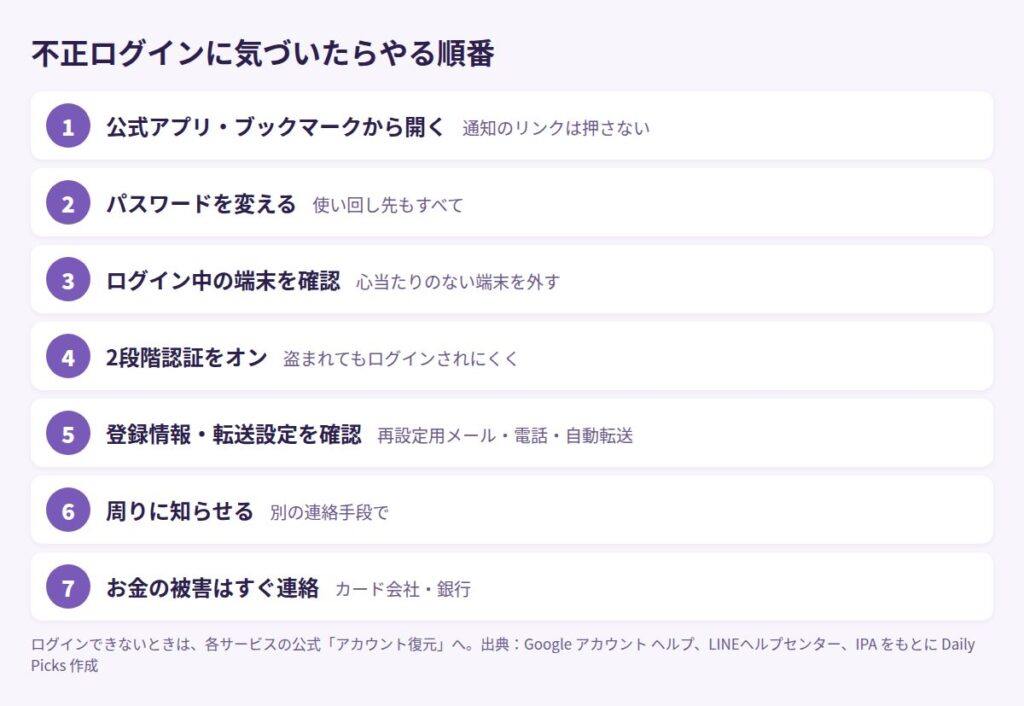 不正ログインに気づいたらやる7つの順番。公式アプリから開く、パスワード変更、ログイン中の端末確認、2段階認証、登録情報の確認、周りに知らせる、お金の被害は連絡