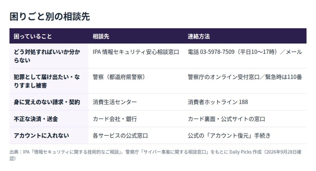 困りごと別の相談先の表。IPA情報セキュリティ安心相談窓口、警察、消費生活センター188、カード会社・銀行、各サービスの公式窓口