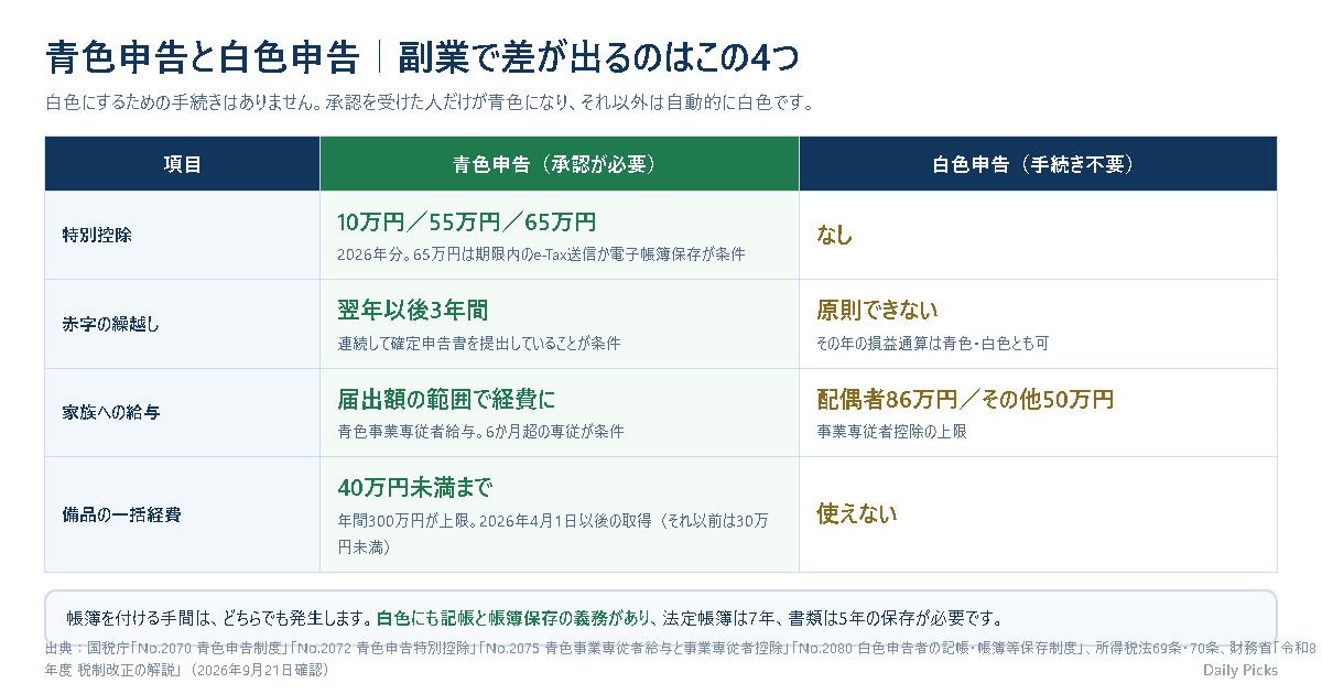 青色申告と白色申告の違いを4項目で比較した表の図。特別控除は青色が10万円・55万円・65万円で白色はなし、赤字の繰越しは青色が3年で白色は原則不可、家族への給与は青色が届出額の範囲で白色は配偶者86万円その他50万円、備品の一括経費は青色が40万円未満まで使えて白色は使えないことを示している