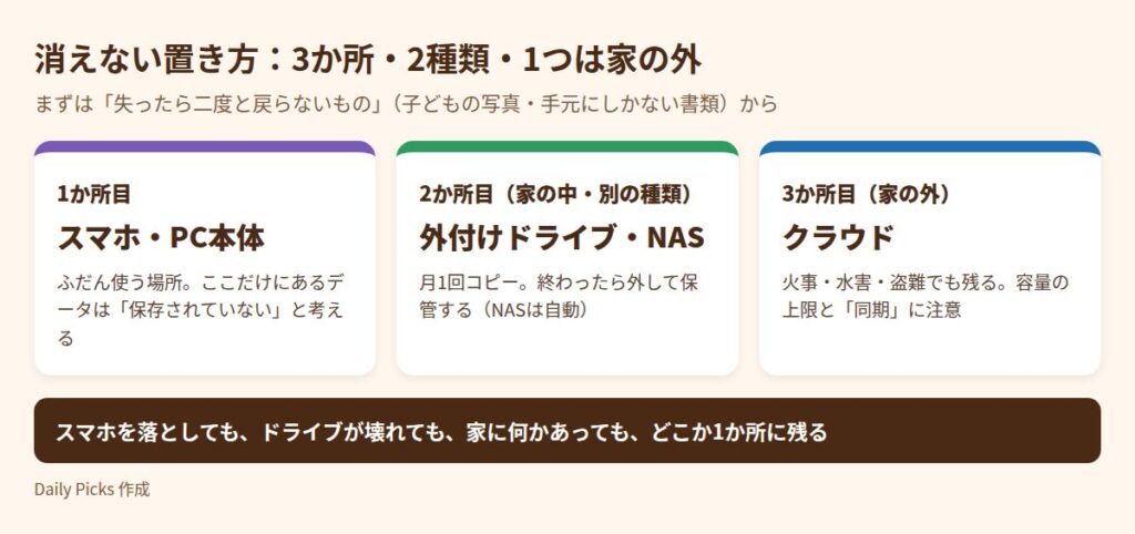 消えない置き方の図。1か所目はスマホ・PC本体、2か所目は家の中の外付けドライブ・NAS、3か所目は家の外のクラウド
