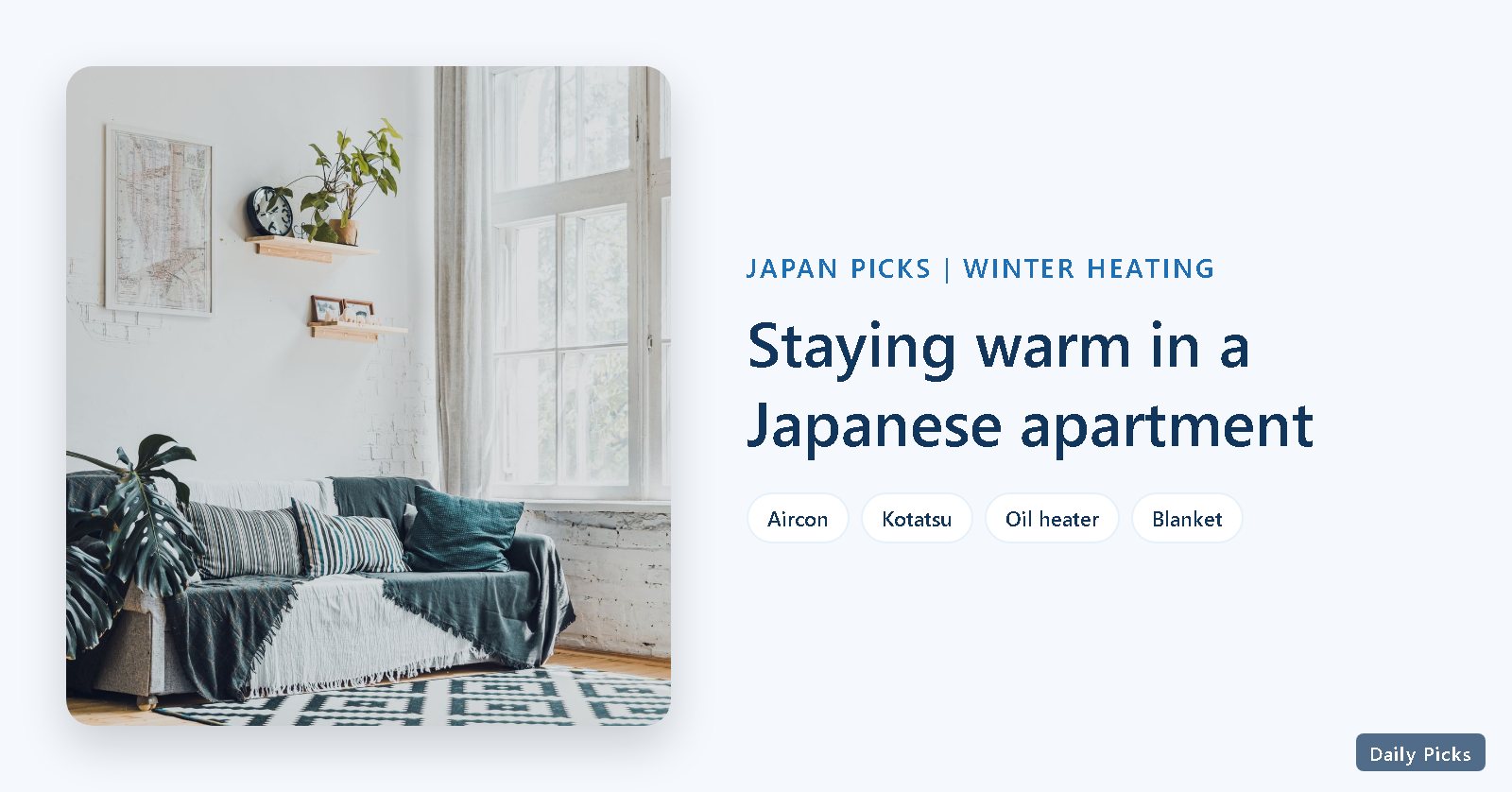 A bright living room with blankets draped over the sofa, under the headline Staying warm in a Japanese apartment