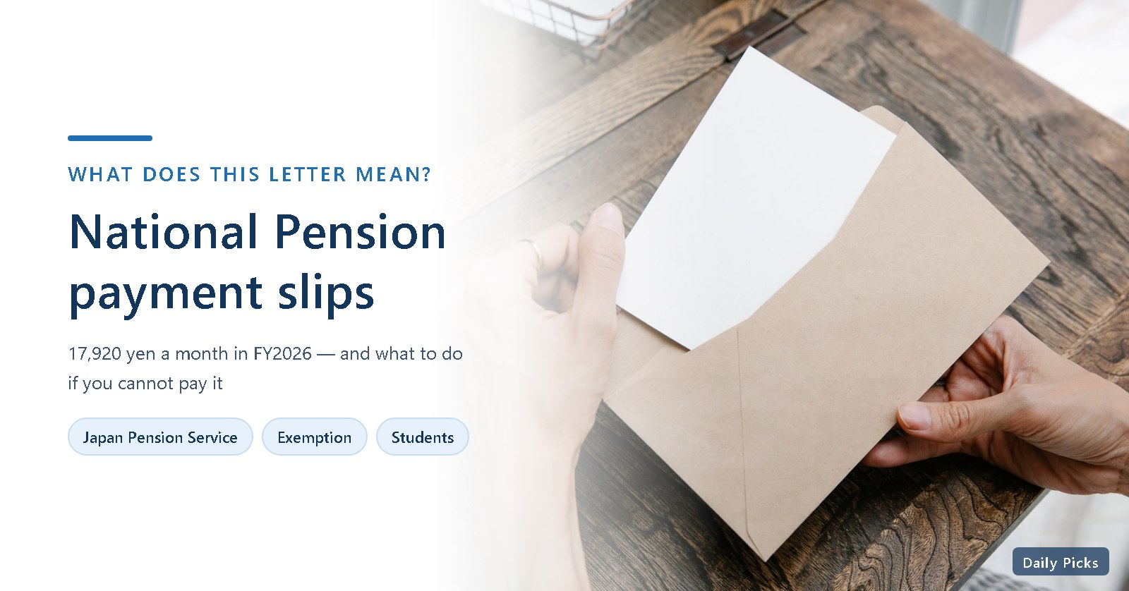 Daily Picks article header: hands taking a letter out of a brown envelope, with the title National Pension payment slips