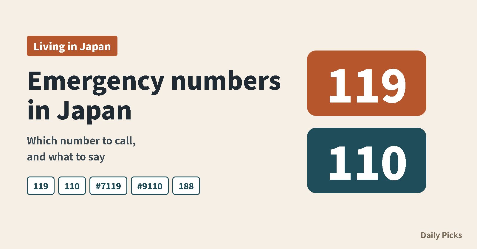 Emergency numbers in Japan: 119 for fire and ambulance, 110 for police