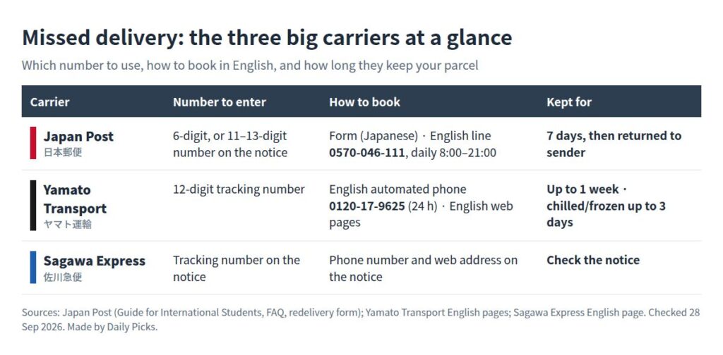 Table comparing Japan Post, Yamato Transport and Sagawa Express: the number to enter, how to book redelivery in English, and how long parcels are kept