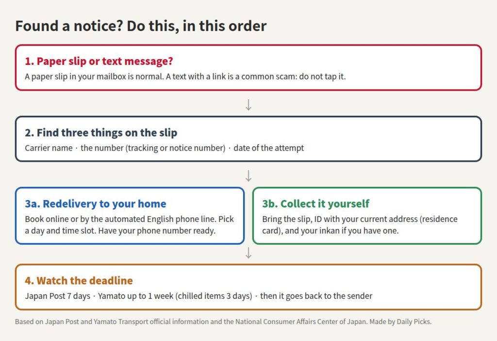 Flow chart: check it is a paper slip not a text, find the carrier and number, book redelivery or collect with ID, and watch the keeping deadline