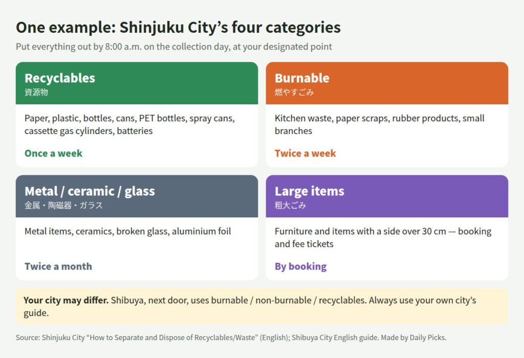 Shinjuku City example of four rubbish categories with examples and collection frequency, with a note that other cities differ