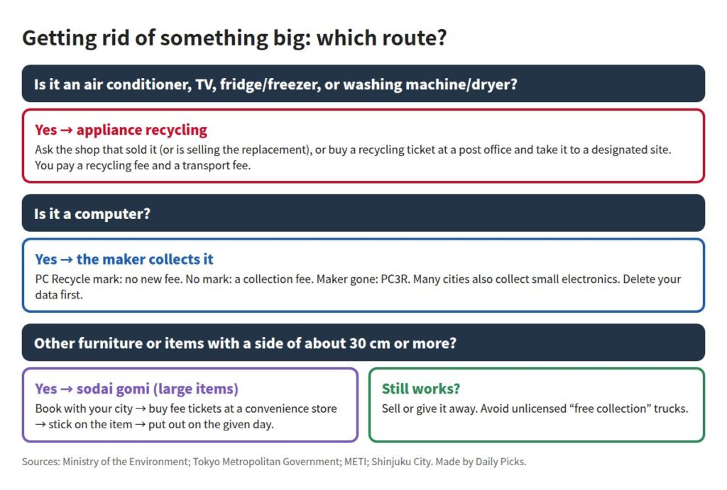 Decision chart for disposing of large items: appliance recycling for four appliance types, maker collection for computers, and sodai gomi booking for furniture