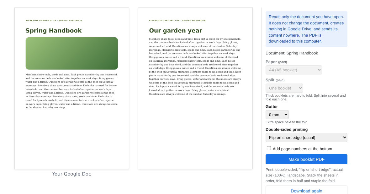 Pagefold sidebar next to a Google Doc, with paper, split, gutter and double-sided printing options