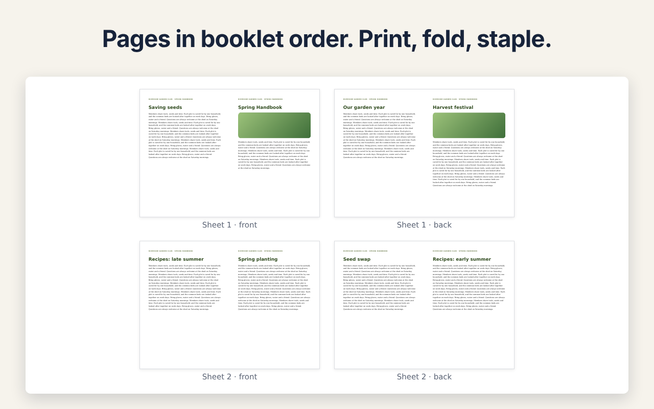 Pagefold for Docs™: pages in booklet order - print, fold, staple