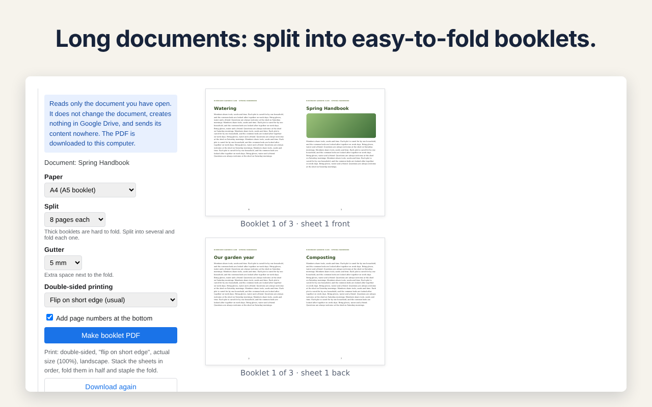Pagefold for Docs™: long documents split into easy-to-fold booklets