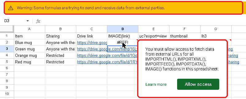 Google Sheets warning bar about formulas sending and receiving data from external parties, with the Allow access button and a #REF! cell explanation