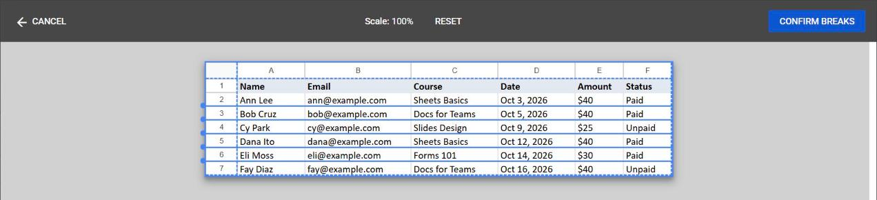 Google Sheets Set custom page breaks screen with a blue break line under every row