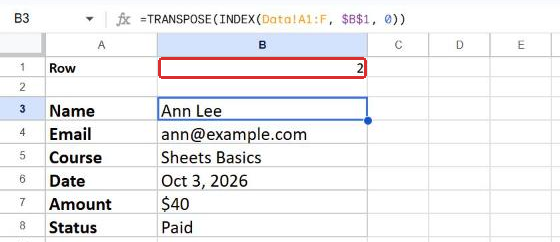 Print tab in Google Sheets: field names in column A, the values of row 2 in column B pulled by TRANSPOSE and INDEX