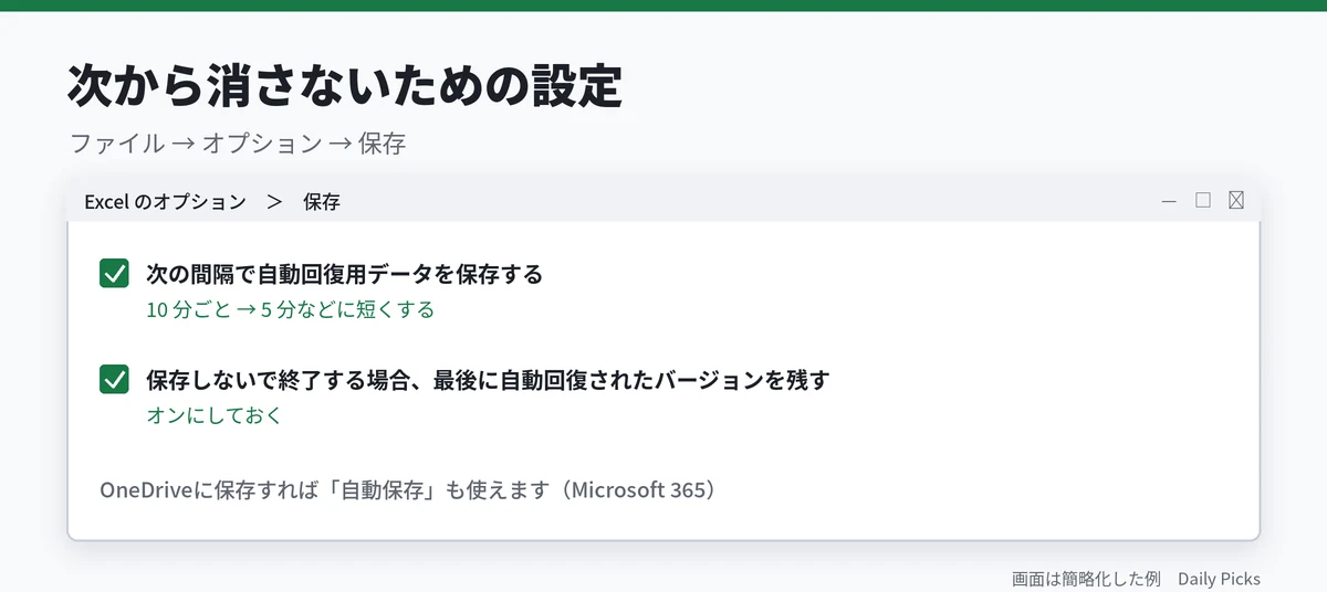 次から消さないための設定（ファイル → オプション → 保存）