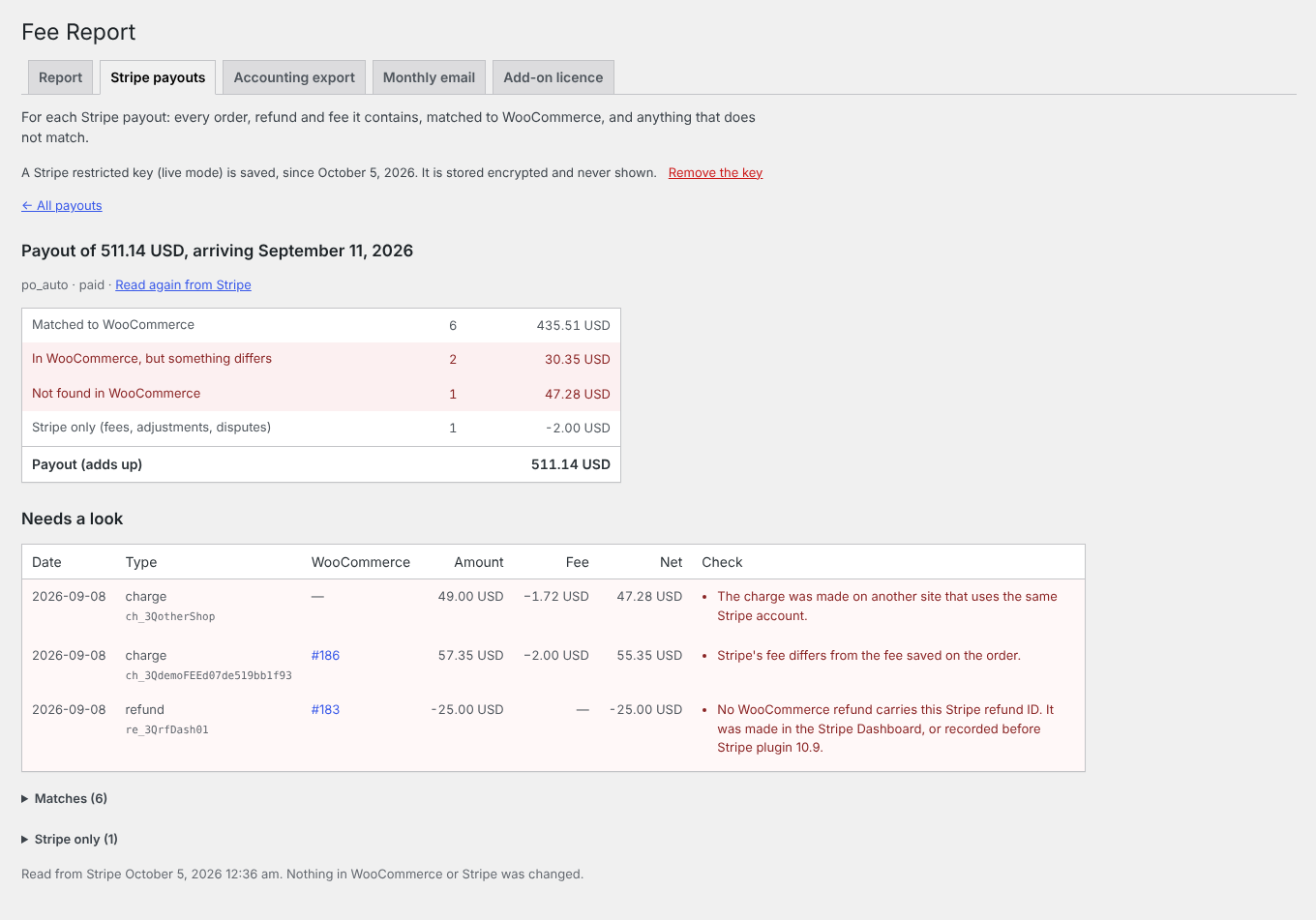 Stripe payout reconciliation screen of the add-on