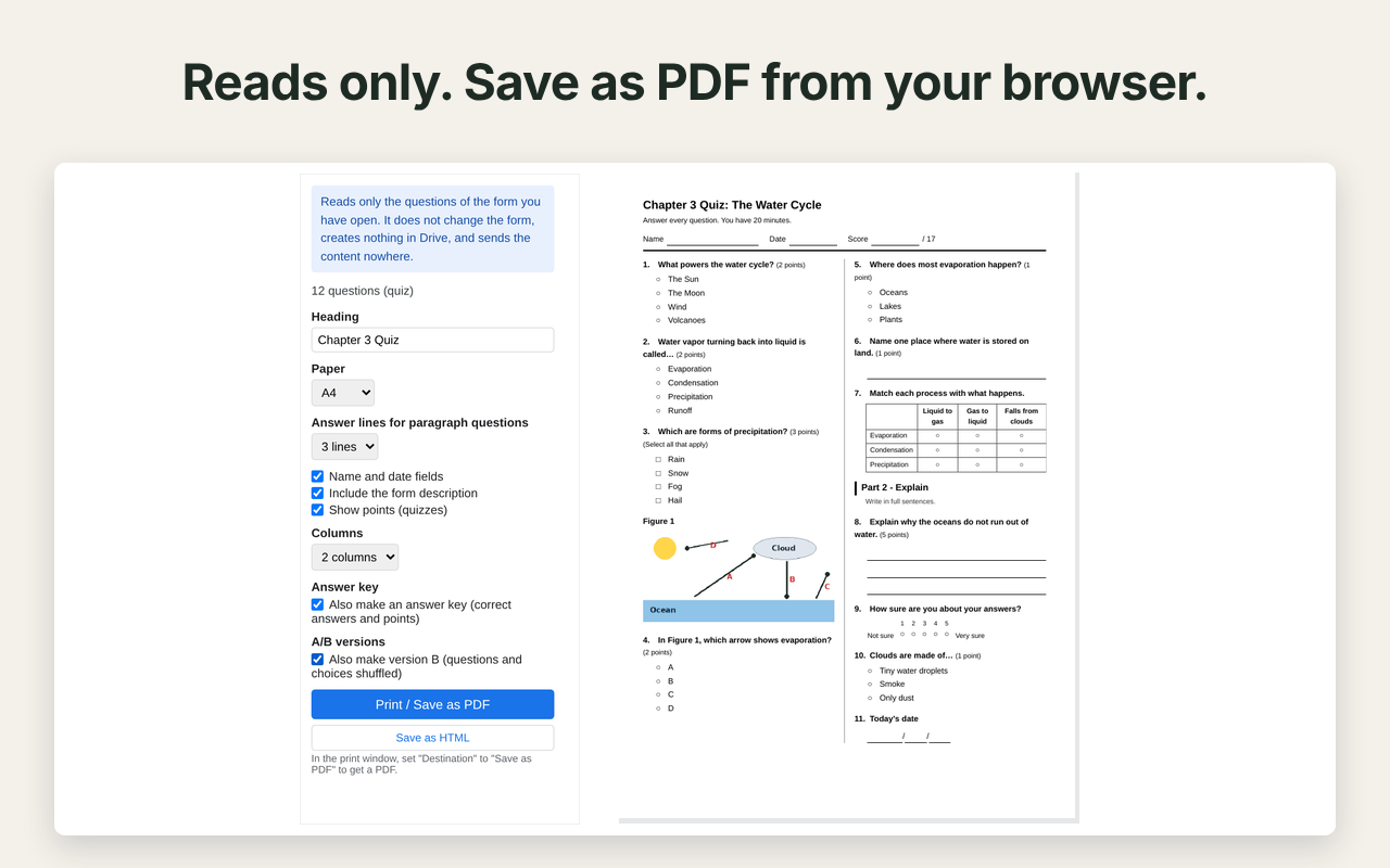 Form Print for Google Forms: reads only, save as PDF from your browser