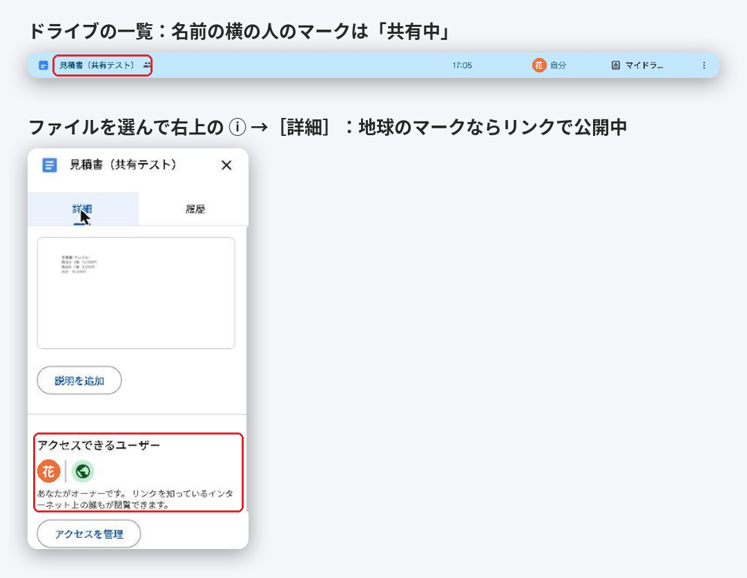 Googleドライブの一覧の共有マークと、詳細パネルのアクセスできるユーザー