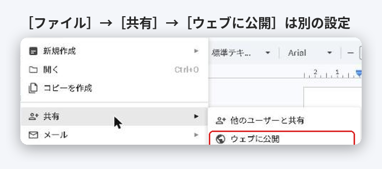 Googleドキュメントのファイルメニューの共有の中にあるウェブに公開