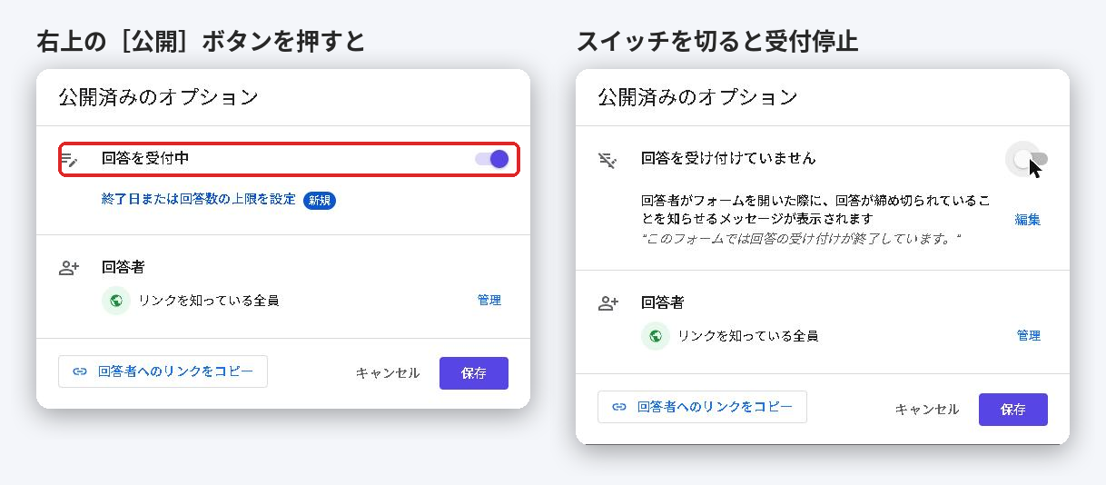 Googleフォームの公開済みのオプション。回答を受付中のスイッチと、切った後の回答を受け付けていませんの表示