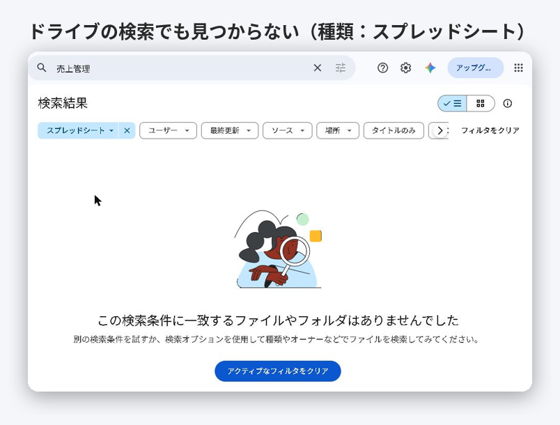 Googleドライブで売上管理と検索し、種類をスプレッドシートにしても見つからない画面