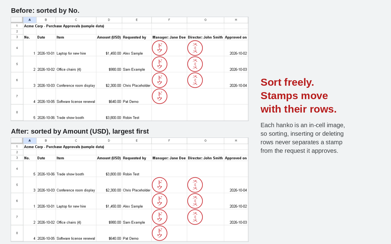 Hanko for Sheets: sort freely - stamps move with their rows