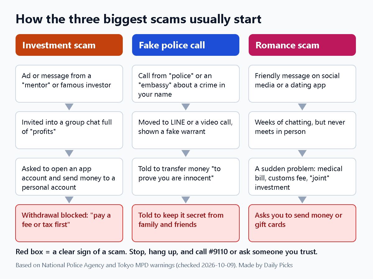 Three-column flow showing how social media investment scams, fake police calls and romance scams usually start, with the warning sign at the end of each