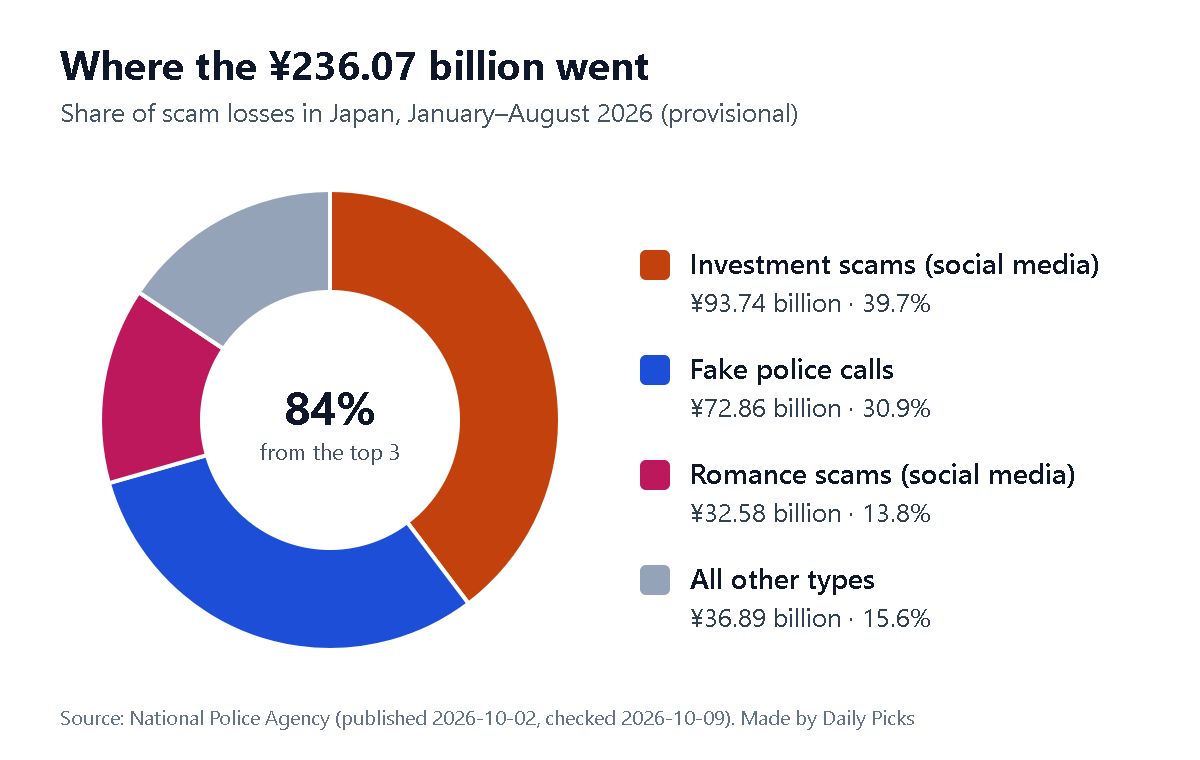 Donut chart of Japan scam losses January to August 2026: investment scams 39.7 percent, fake police calls 30.9 percent, romance scams 13.8 percent, others 15.6 percent