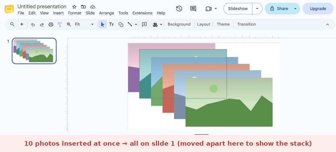 Google Slides after inserting 10 photos at once: all 10 are on slide 1
