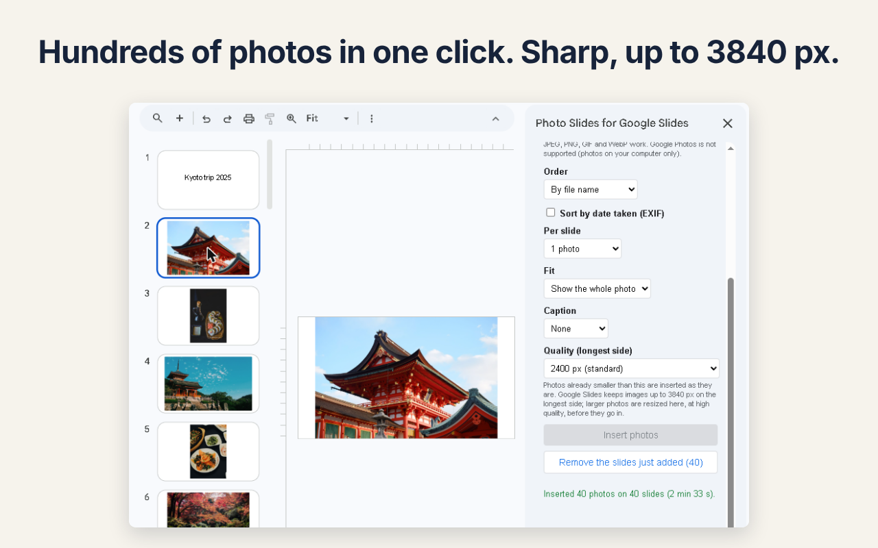 Photo Slides sidebar in Google Slides after inserting 40 photos on 40 slides