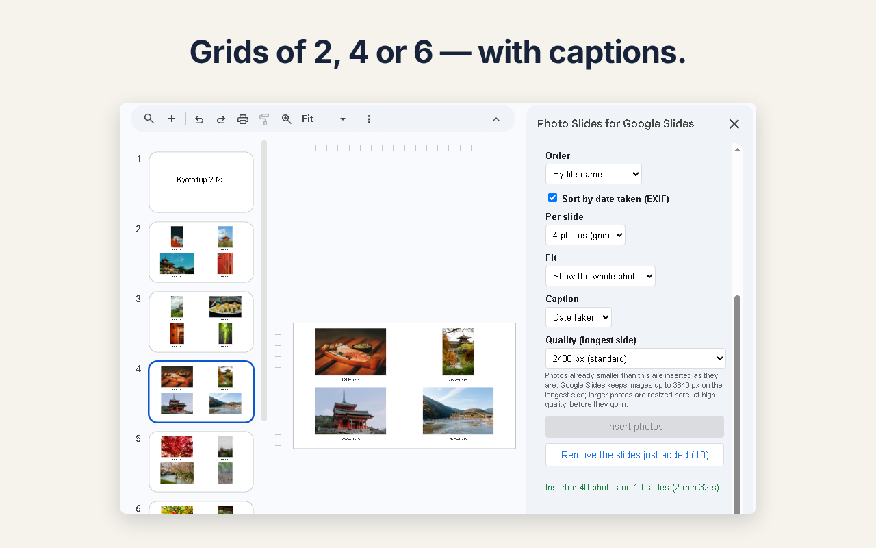 Photo Slides for Google Slides: grids of 2, 4 or 6 photos with captions