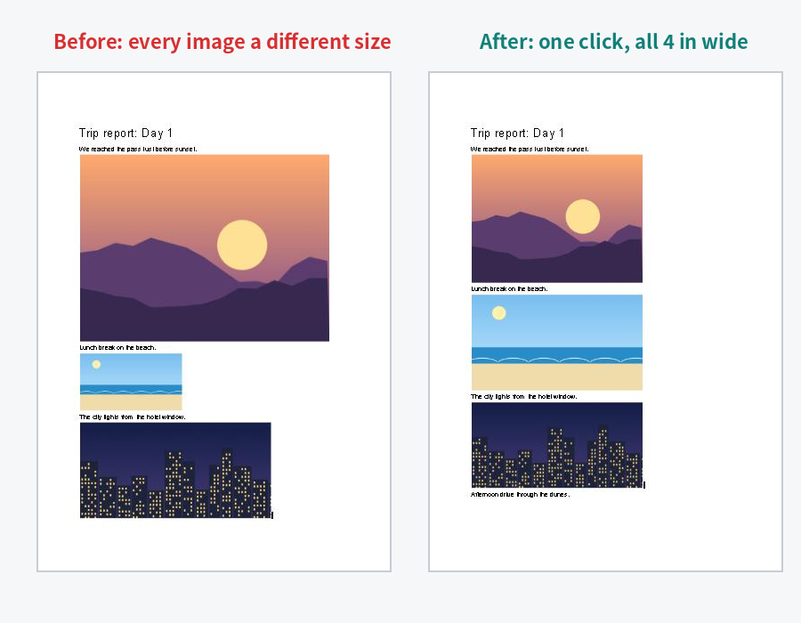 A Google Docs page before and after the script: images of different sizes become the same width
