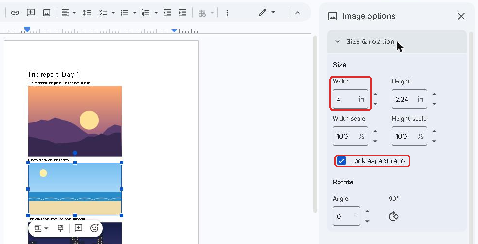 Google Docs Image options panel with Size and rotation open, Width set to 4 inches and Lock aspect ratio checked