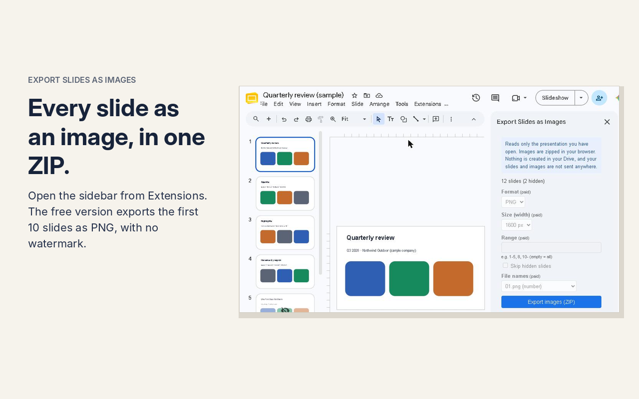 Export Slides as Images sidebar in Google Slides with the Export images (ZIP) button