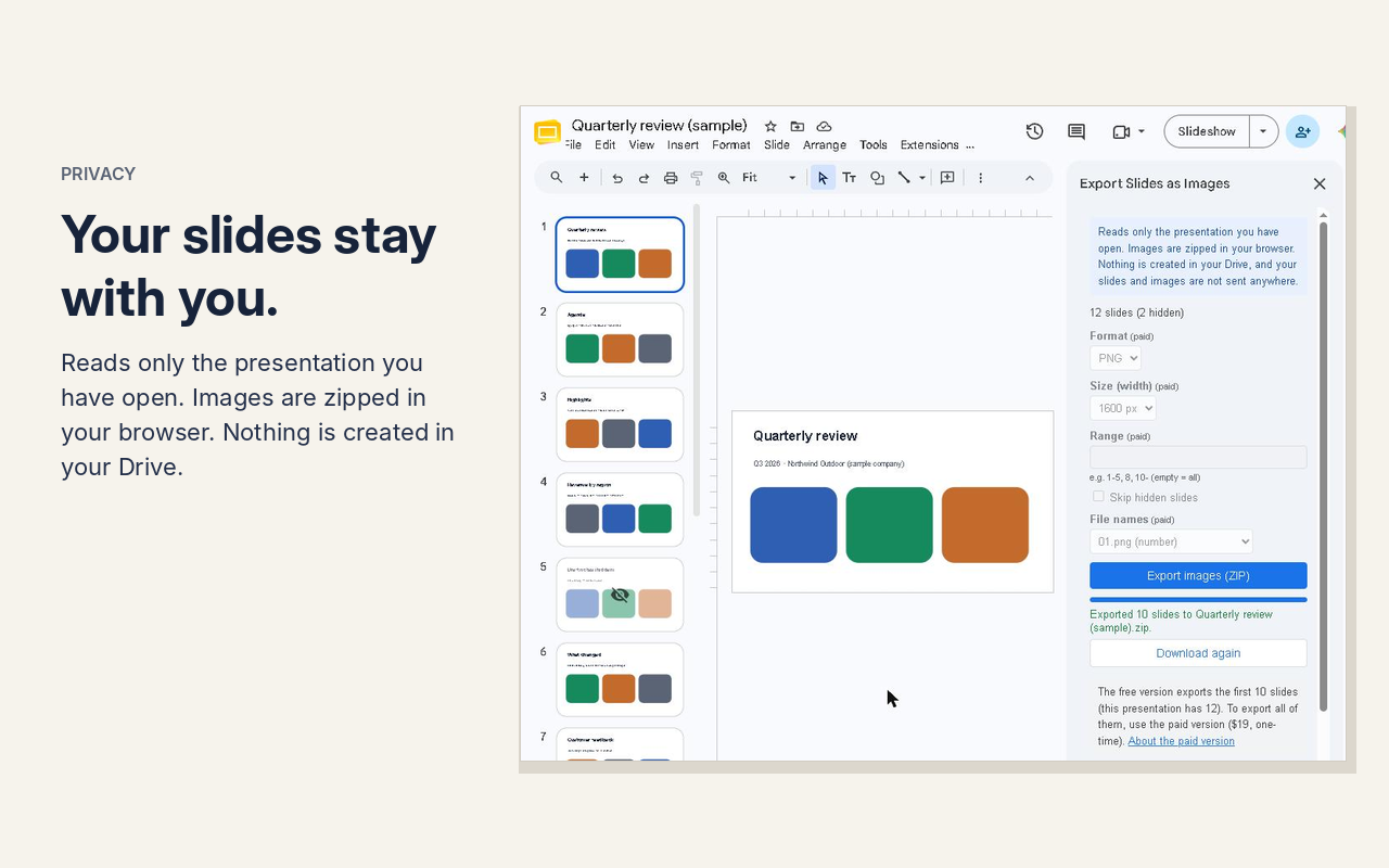 Export Slides as Images: free export of the first 10 slides as PNG