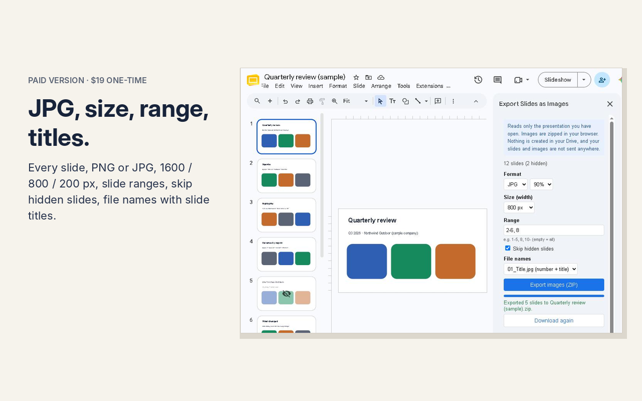Export Slides as Images: paid options - JPG, size, slide range, skip hidden slides, file names with titles
