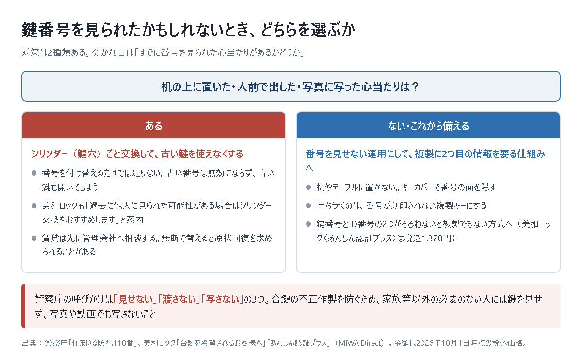 鍵番号を見られたかもしれないときに選ぶ対策を2つに分けた図。机の上に置いた・人前で出した・写真に写った心当たりがある場合は、シリンダーごと交換して古い鍵を使えなくする。番号を付け替えるだけでは古い番号が無効にならず、美和ロックも過去に見られた可能性があるならシリンダー交換を勧めていること、賃貸は先に管理会社へ相談することを挙げている。心当たりがない場合は、机やテーブルに置かない、キーカバーで番号の面を隠す、持ち歩くのは番号が刻印されない複製キーにする、鍵番号とID番号の2つがそろわないと複製できない方式に変える（美和ロックのあんしん認証プラスは税込1,320円）。下部に警察庁の呼びかけ「見せない」「渡さない」「写さない」を掲げている