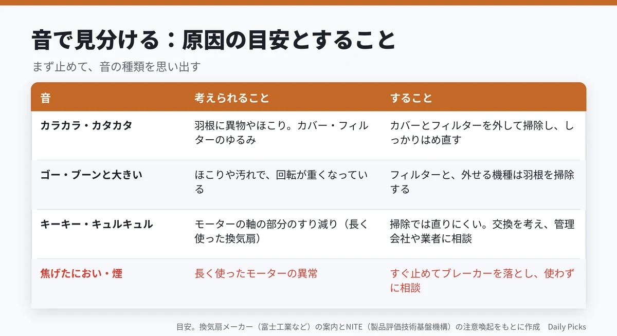 音の種類で分かる原因の目安とすること